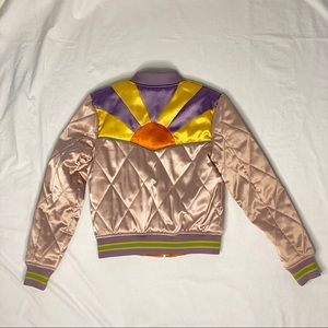 Vintage Satin Quilted Bomber Jacket with Retro Sunburst on Back